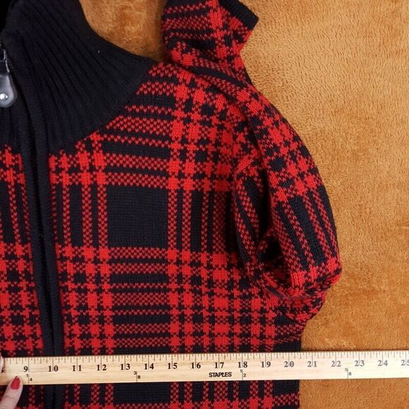 TALLY HO Womens Sweater Medium Red Plaid Zip Up Turtleneck Pockets Coatigan - Picture 3 of 7